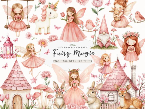 Download Watercolor Magical Garden Pink Fairies - Magic Collection